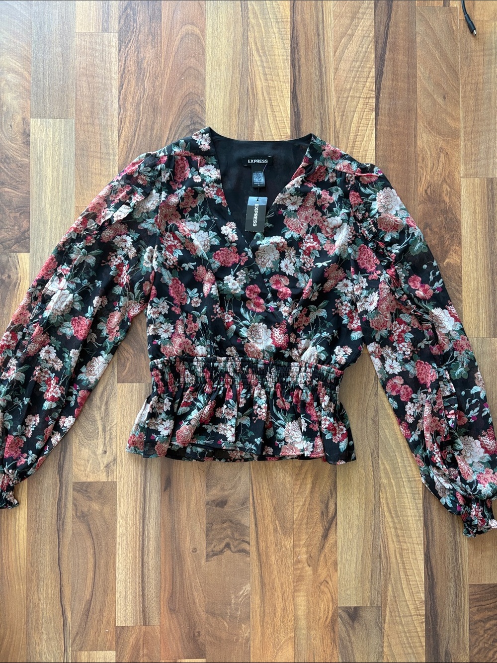Express Black Floral Peplum V-Neck Blouse with Pink and Cream Flowers NWT